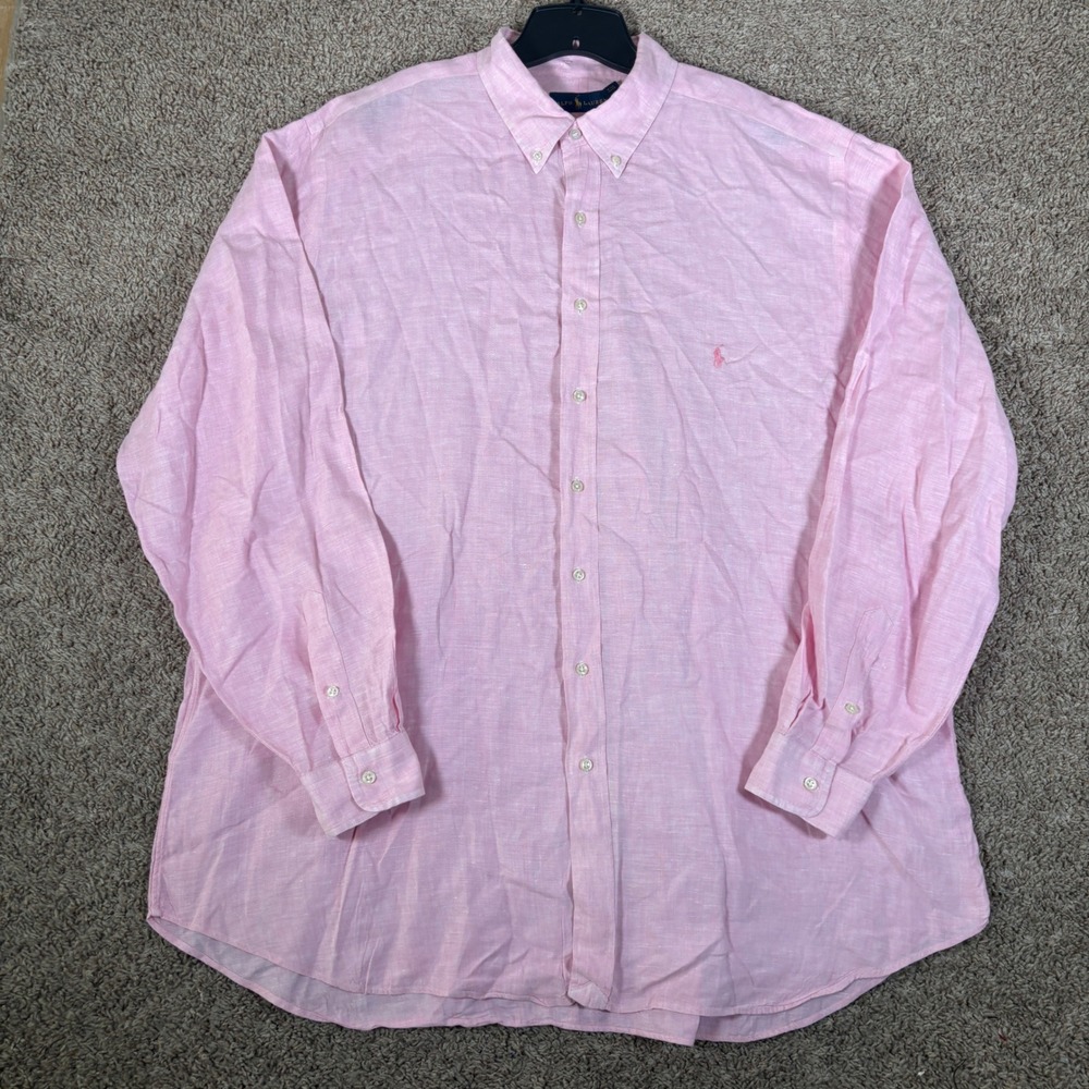 Ralph Lauren Mens 2XLT Pink 100% Linen Long Sleeve Button Down Shirt Tall
